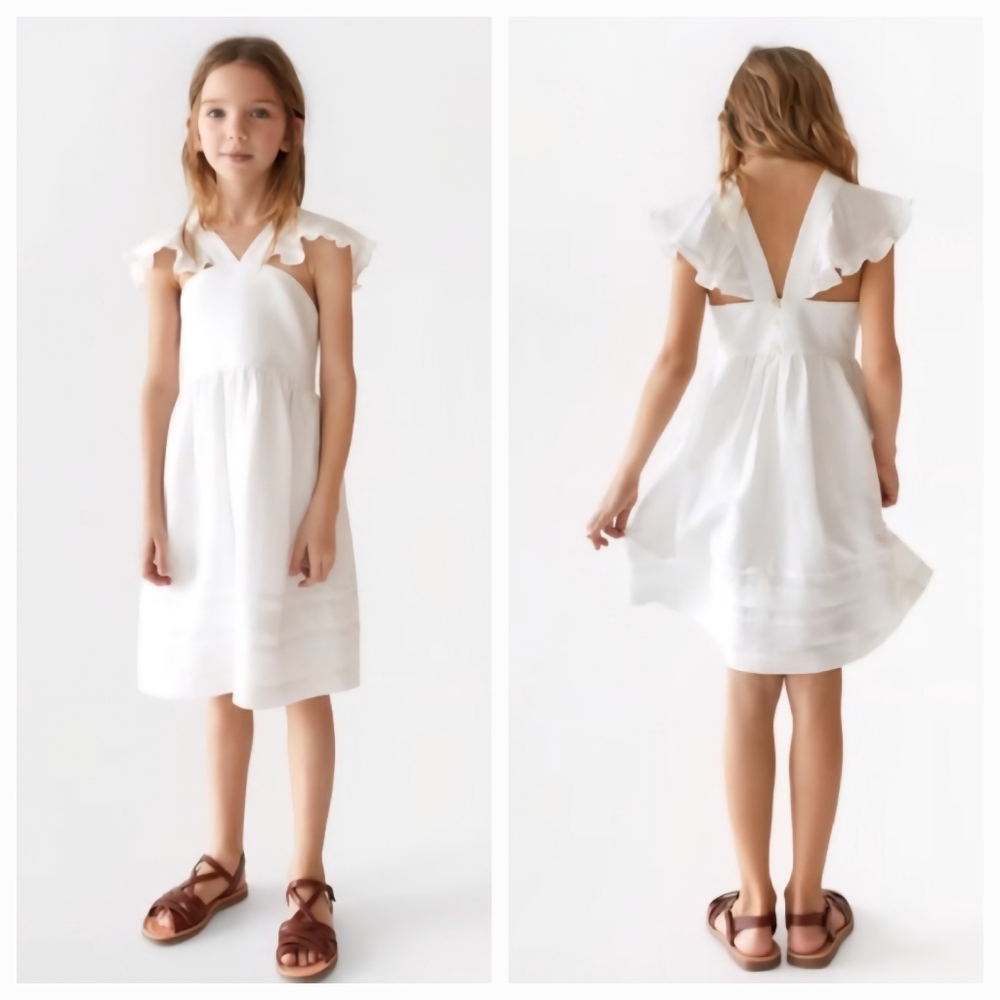 Zara Girls White Pinafore Dress 13-14 Large Ruffled Linen Summer Retro Sundress